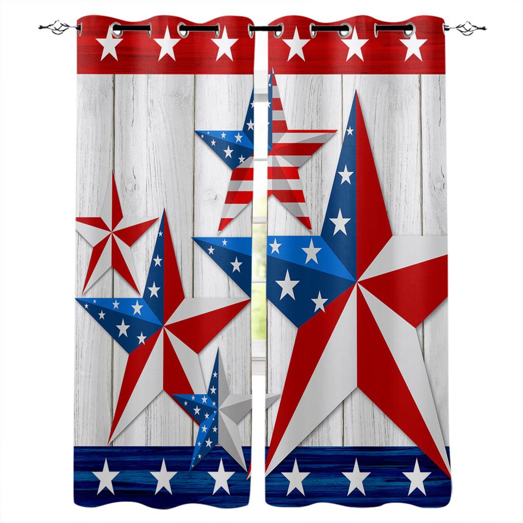 Independence Day Wood Grain Pentagram Blackout Curtains For Kitchen Bedroom Kids Room Window Treatment Curtains for Living Room
