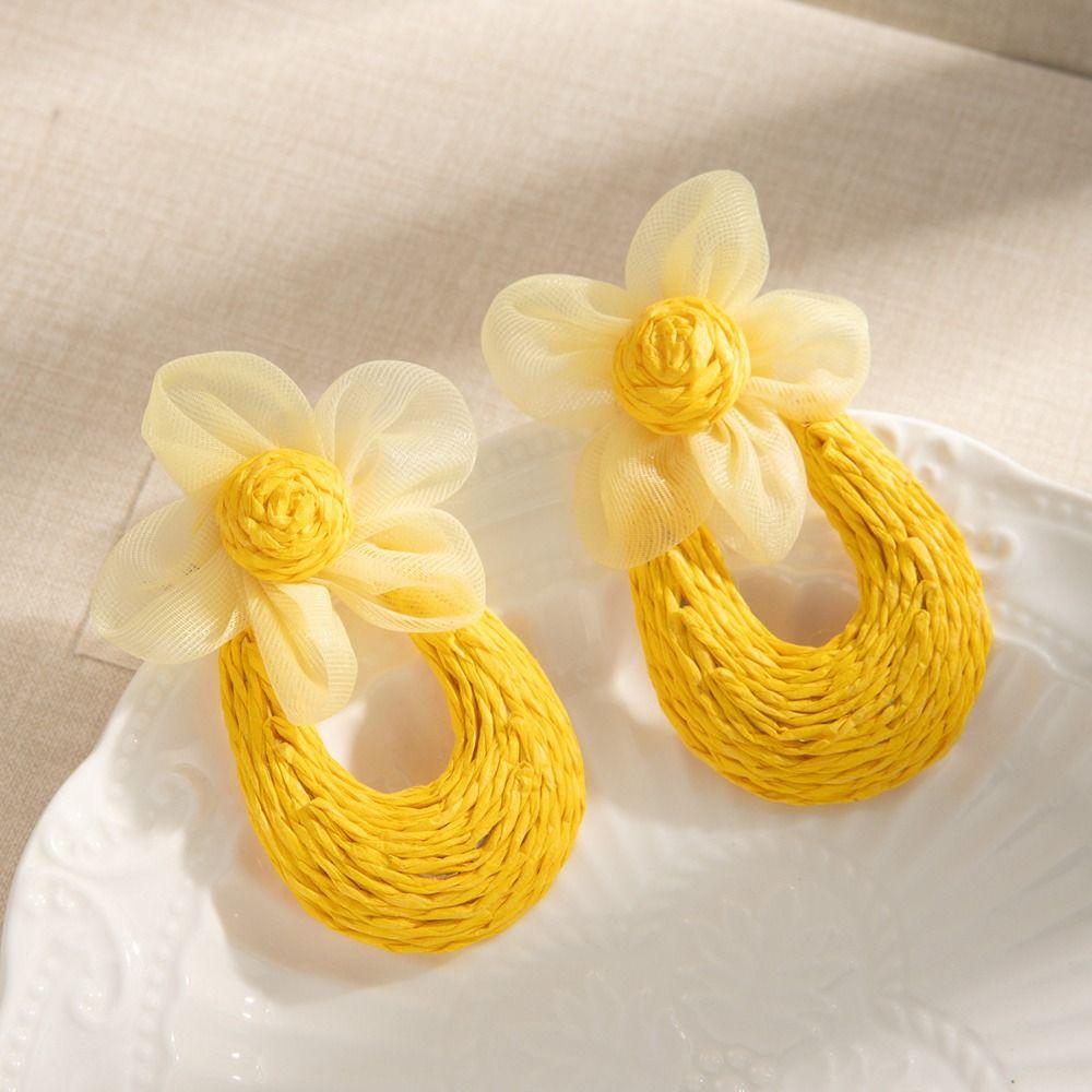 Hook Piercing Mesh Flower Earrings U-shaped Beach Drop Earrings Straw Weave Earrings  Girls Gift