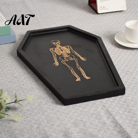 Solid Wood Trinket Tray Halloween Gothic Serving with Engraved Skeleton, Wooden Charcuterie Board, Casket Home Decor Accessories Shape Storage Platter