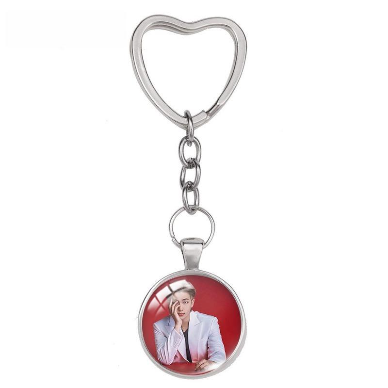 BTS Menber Photo Glass Dome Keychain, Heart Shaped Clasp Kpop Charm, Bangtan Boys ARMY Fans Bag Accessory