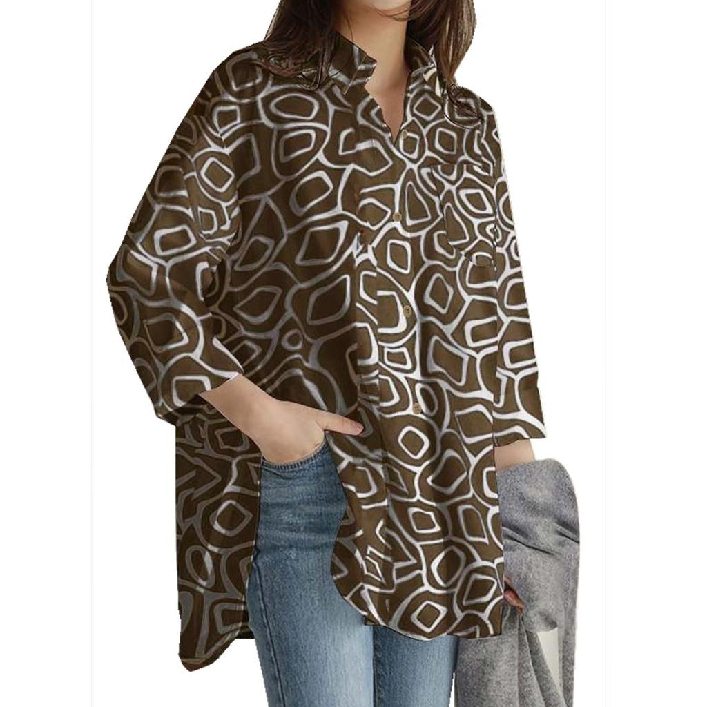 Damen Casual Fashion Print Einreihiges Revers Nähte Langarm Lose Hemd
