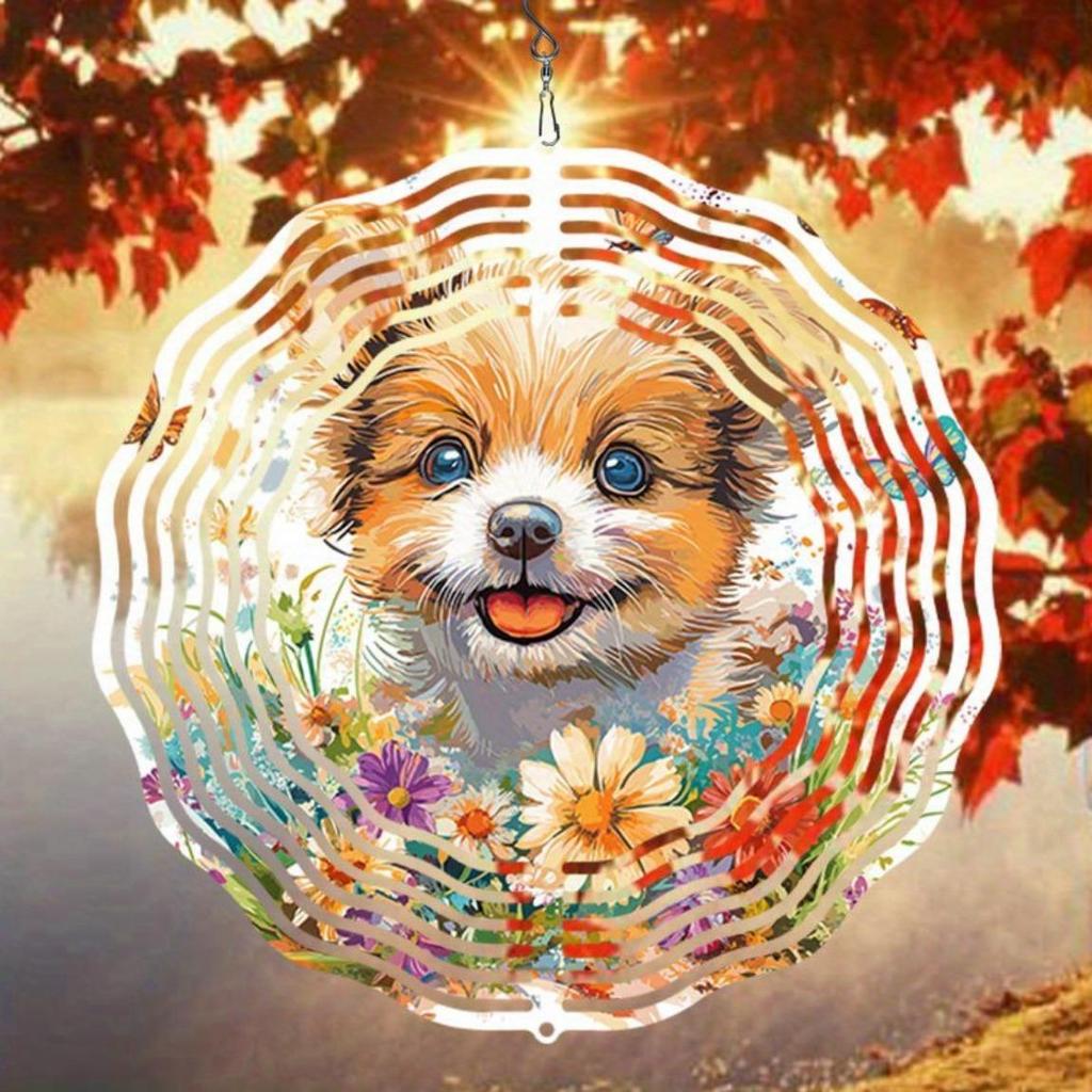 Cute Puppy 2D Kinetic Wind Chime for Outdoor Garden Decor Durable Metal Hanging Gift for Women Mom Grandma Wife Floral Accents Intricate
