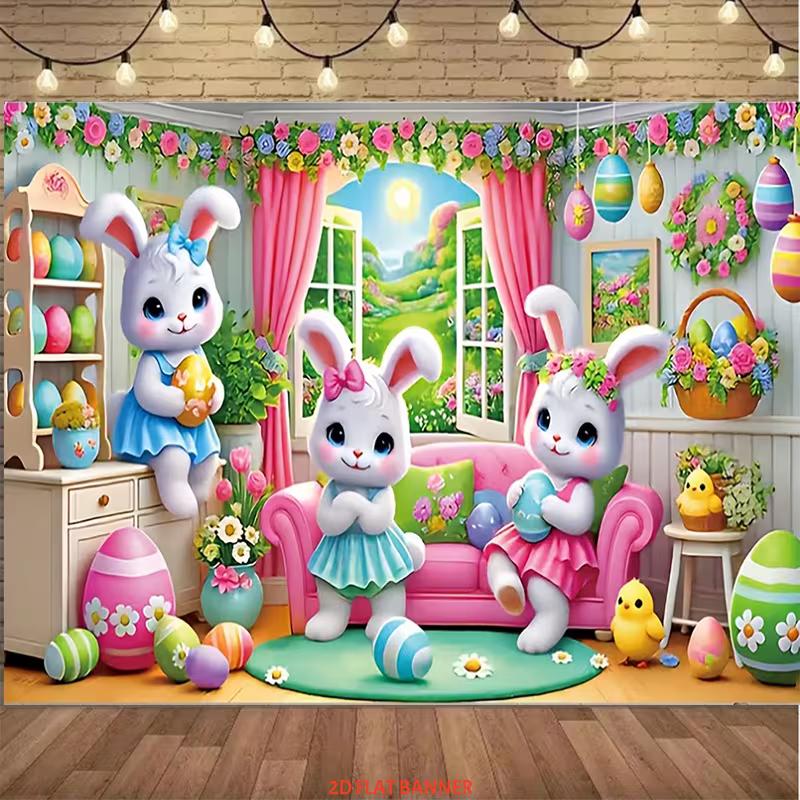 

2D Easter Photo Booth Backdrop, Cute Bunnies & Painted Eggs Photography Background 47.2x31.5inch/120*80cm