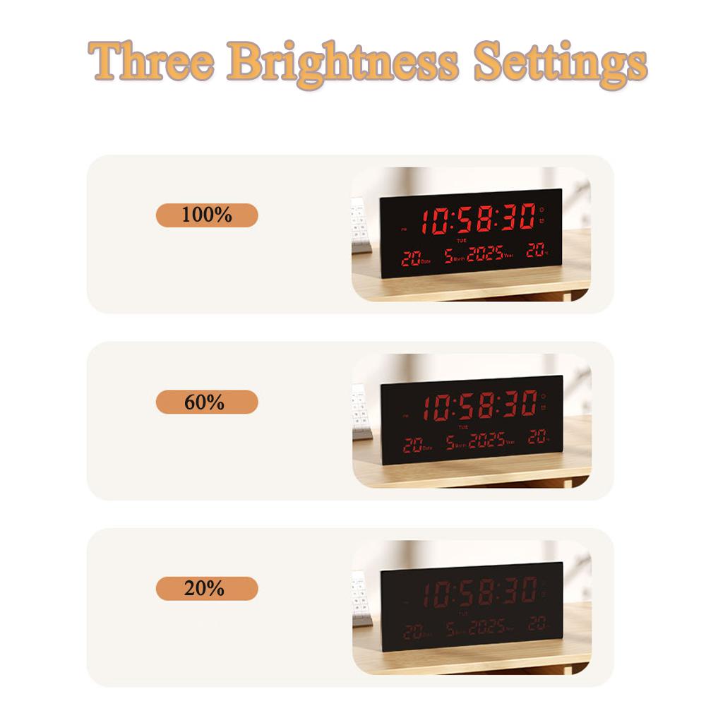 15 Inch Digital Wall Clock Multifunctional Time Date Temperature Display 3 Brightness 6 Alarms Type-C Powered for Home Office