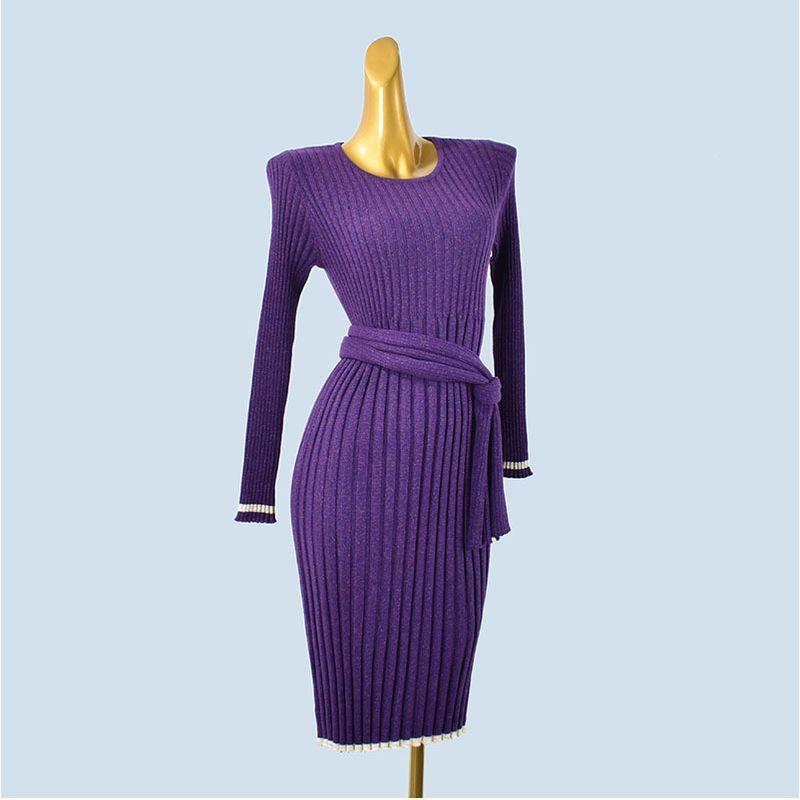 

High Quality round Neck Sunken Stripe Long Sleeves Pure Color High Elasticity + Scarf/Belt Soft Mid Length Long Length Stylish Dress Purple One size