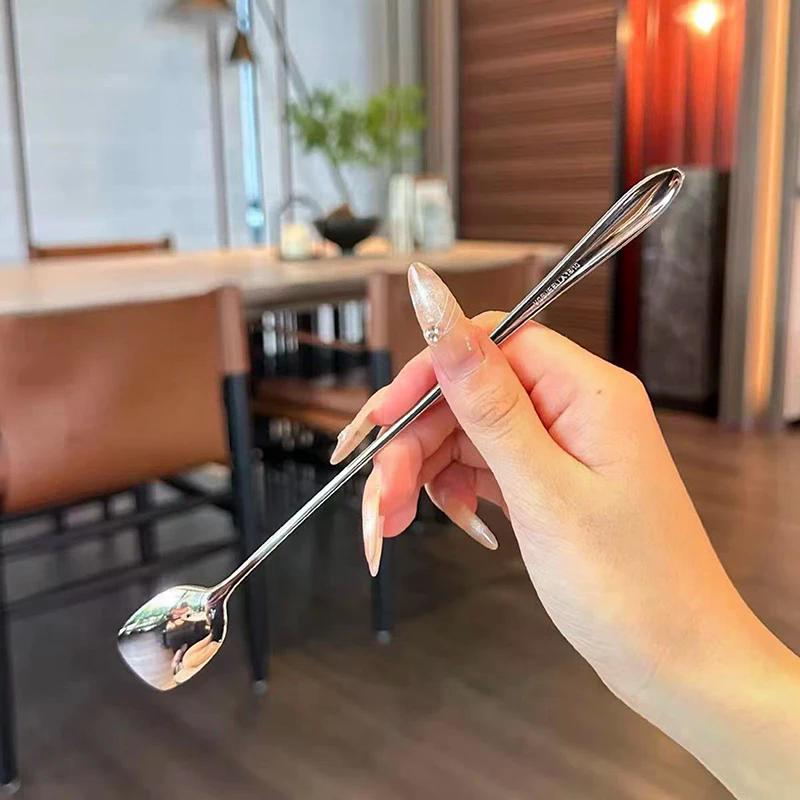 Nerezové kulaté lžíce Síťka Červená Zlatá Večeře Dlouhá rukojeť Míchací Dezertní lžíce Na Kuchyňské Doplňky Gadgets