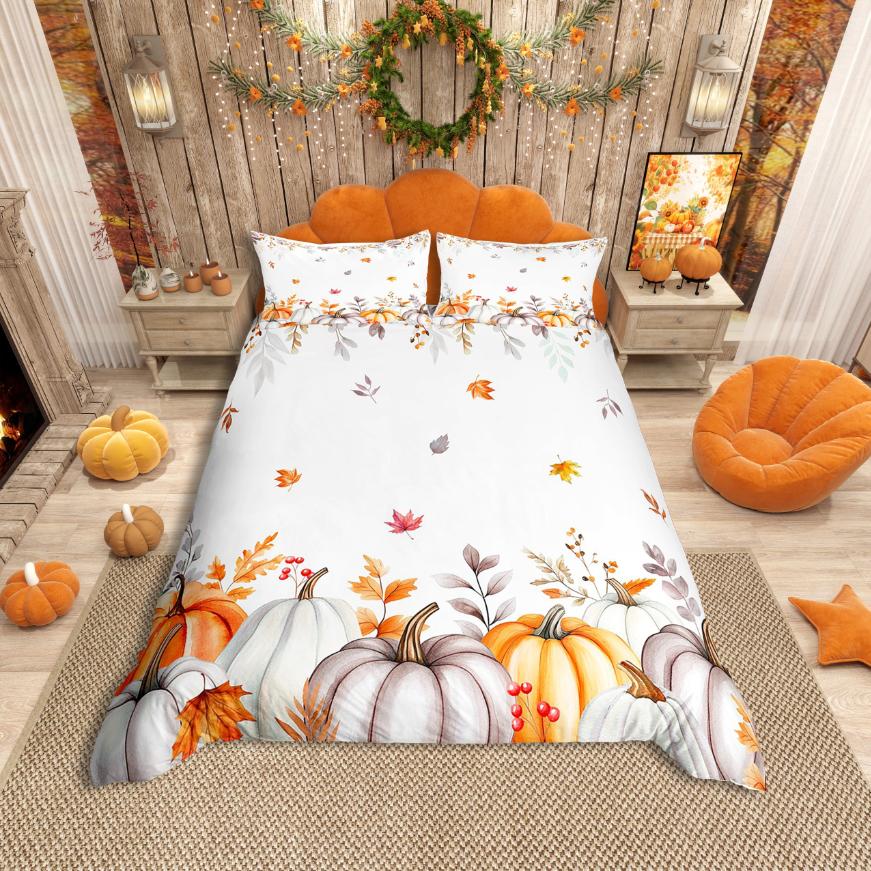 Homewish Fall Pumpkin Duvet Cover SetAutumn Theme Bedding SetOrange Truck Bed Set For AdultsBreathable Home Decor
