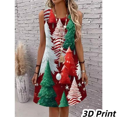 Casual Women Tank Dress Summer Sleeveless O-Neck 3D Print Loose A-Line Dress Beach Vest Dress