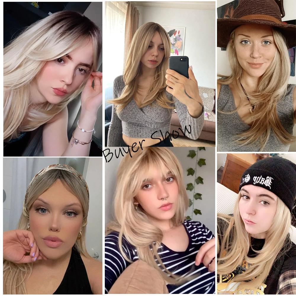 Blonde Brown Ombre Synthetic Wigs Long Layered Highlight Natural Hair Wig with Bangs for Black Women Cosplay Wig Heat Resistant