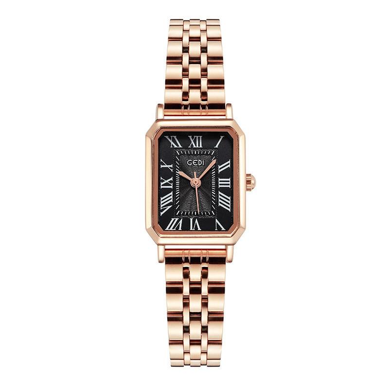 

French Minimalist Rectangular Womens Quartz Watch With Steel Band For Fashion Rose Black