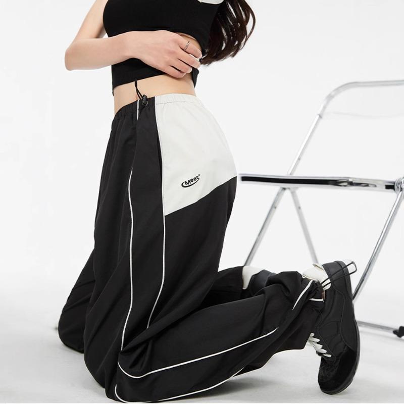 High Street Lazy Wind Splicing Contrast Color Wide Leg Pants Children's Summer Loose Design Niche High Waist Casual Sweatpants