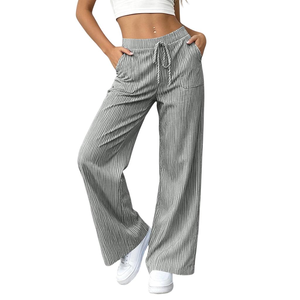 Pantalon Casual Rayé Ample à Taille Serrée Jambes Larges pour Femme avec Poches pour un Port Quotidien Confortable