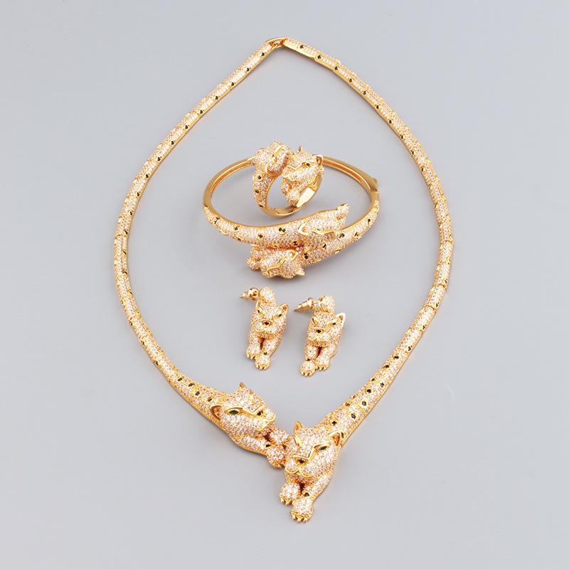 

Charm Fashion Jewelry Sets Men Women Lady Plated Gold Color Full Cubic Zircon Green Eyes Leopard Ring Earrings Bracelet Necklace