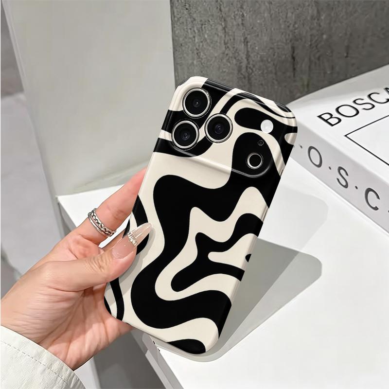 Fluid Monochrome Black Cream Abstract Swirl Graphic Film Aesthetic Protective Shockproof Bumper Phone Case Cover For iPhone 14 15 16 Pro Max Plus