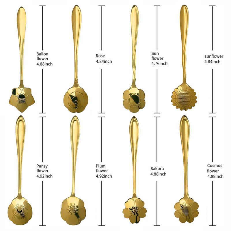 8 ks Kávové lžičky Roztomilé Květinové Nerezové Lžičky Zlaté Malé Čajové Lžičky Míchací Naběračky Min Lžička na Zmrzlinu Dezert