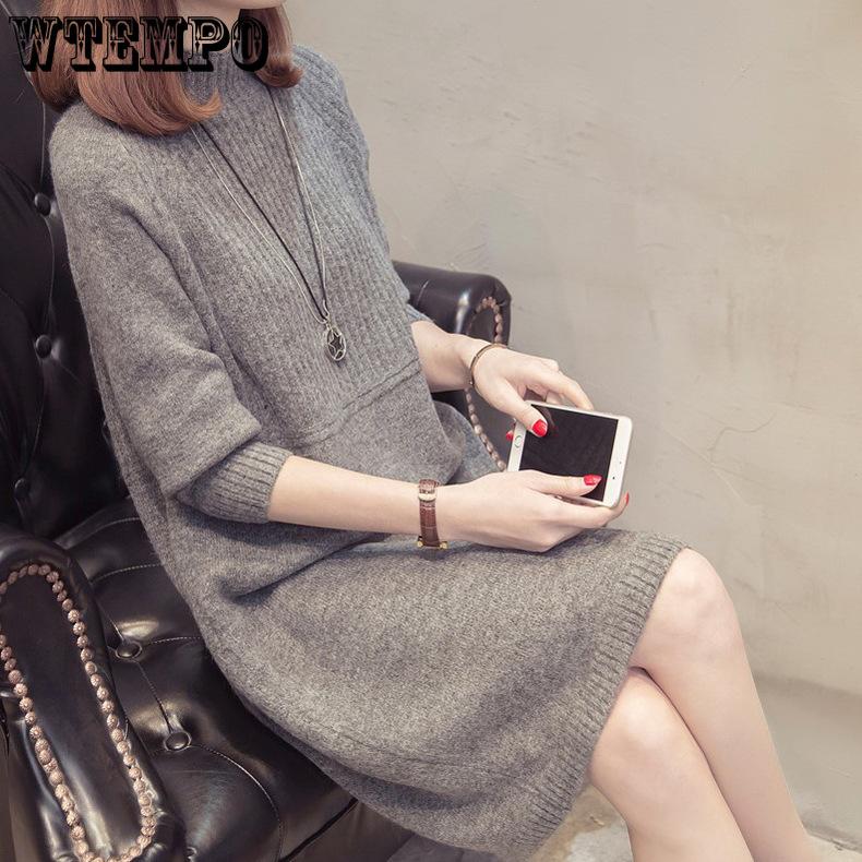 Half Turtleneck Sweater for Women In Autumn and Winter Loose Long-sleeved Mid-length Knitted Dress Solid Color Casual Pullover