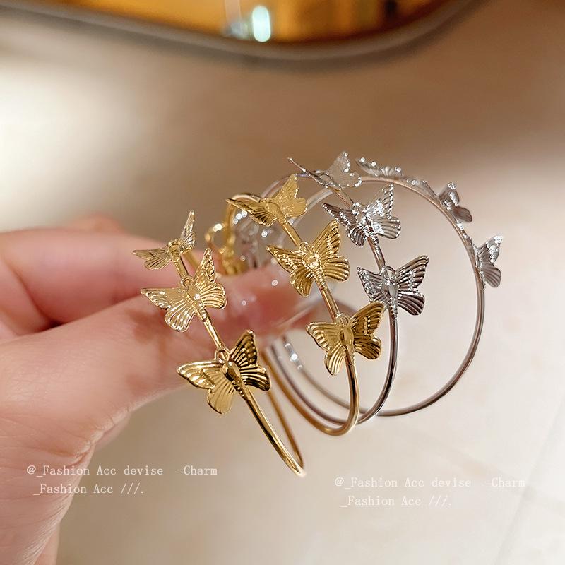 Silver Needle Metal Butterfly Hoop Earrings - Fashionable, Cool, Spicy Girl Style, Versatile, Sweet.