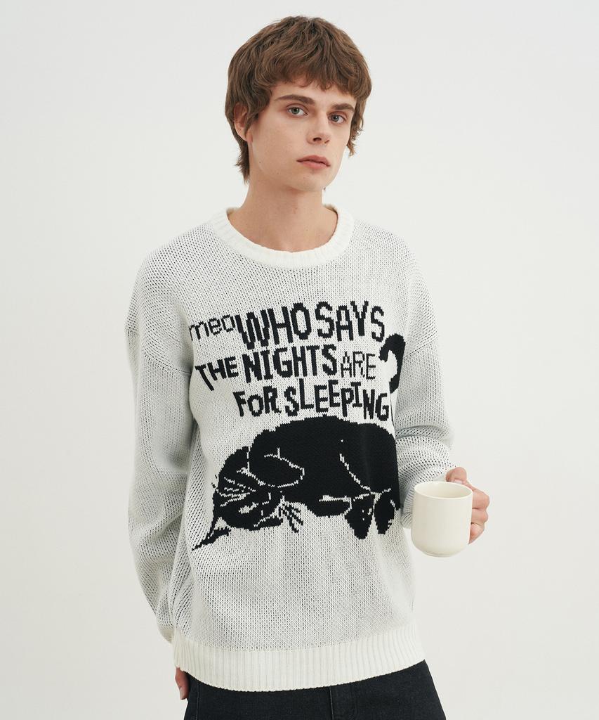 BLOND9 Soft Cat Jacquard Round Knit_White