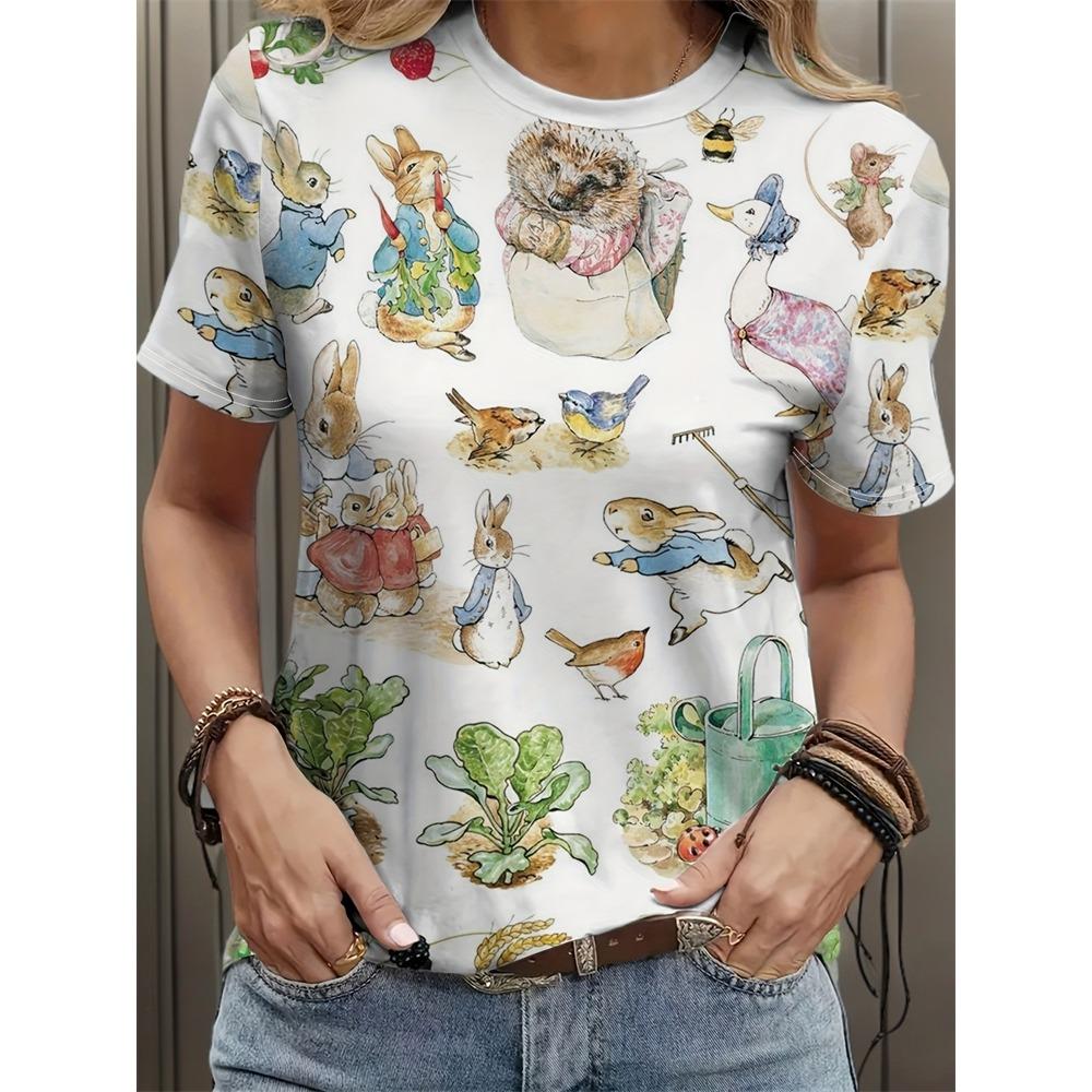 Summer Women's T Shirt Vintage Patchwork Pattern Tee Short Sleeve Women's Casual Short Sleeve Tee Round Neck Commuter Clothing