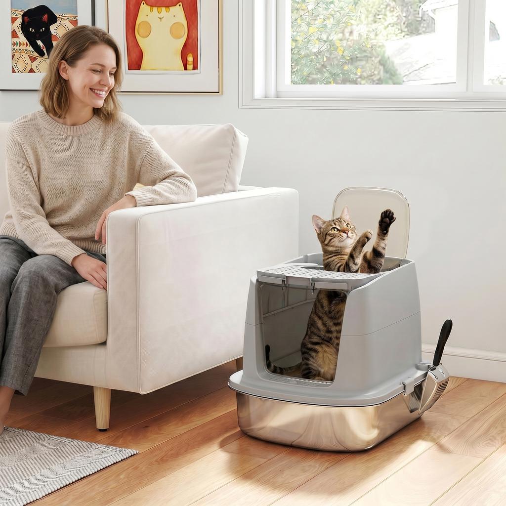 Large Stainless Steel Cat Litter Box, Hinged Lid, Metal Scoop, Deodorizing Bag, Light Gray