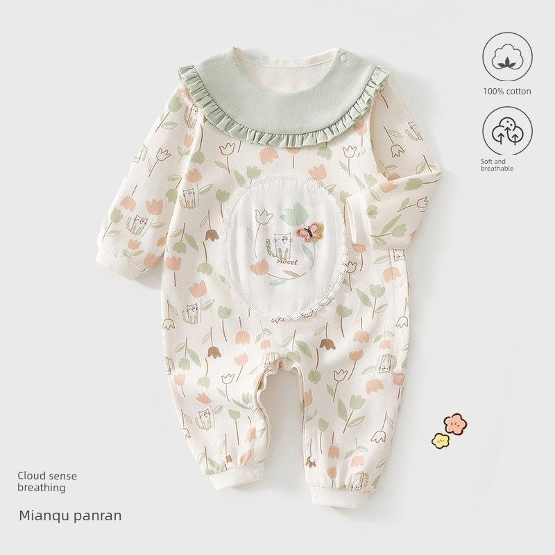 

2025 Spring and Autumn Baby Class a Full Moon Cute One-Piece Romper with Printed Forest Pattern for One-Year-Old Baby Girl, Pure Cotton Jumpsuit Mint Green Autumn Romper 66