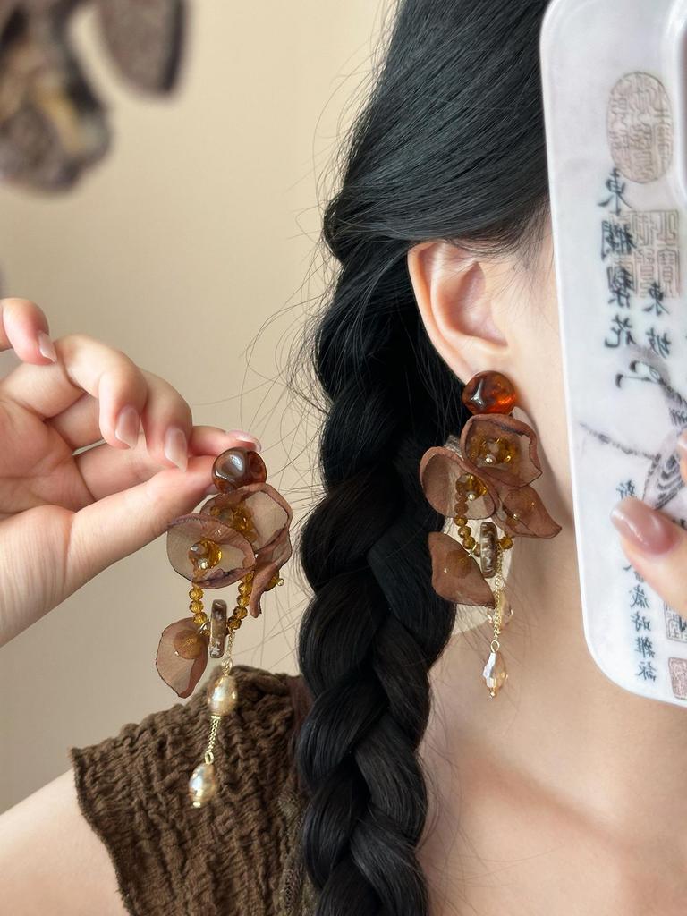 Silver Needle Resin Tassel Earrings with Chiffon Flower - Retro & Versatile Design