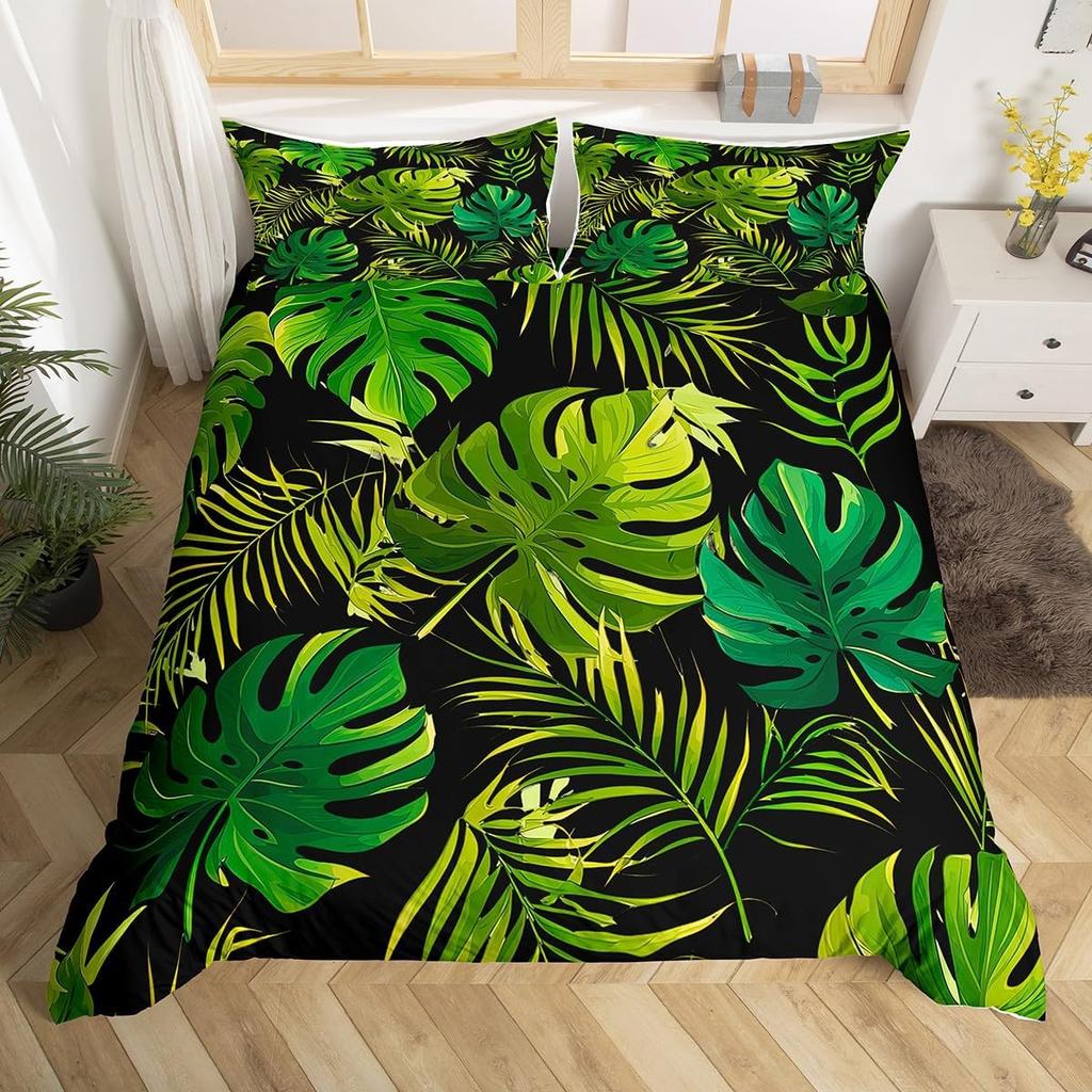 Tropical Botanical Duvet Cover Gold Palm Tree Leaf Comforter Cover King Jungle Nature Theme Watercolor Plant Leaves Bedding Set