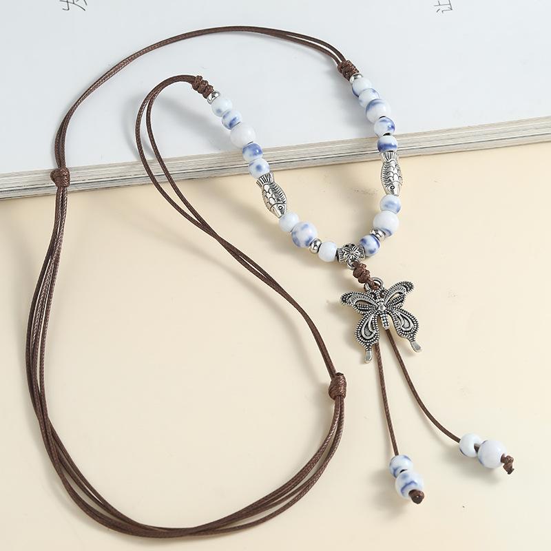 Chinese style long length sweater style accessory  butterfly necklace  ceramic  hanger cord