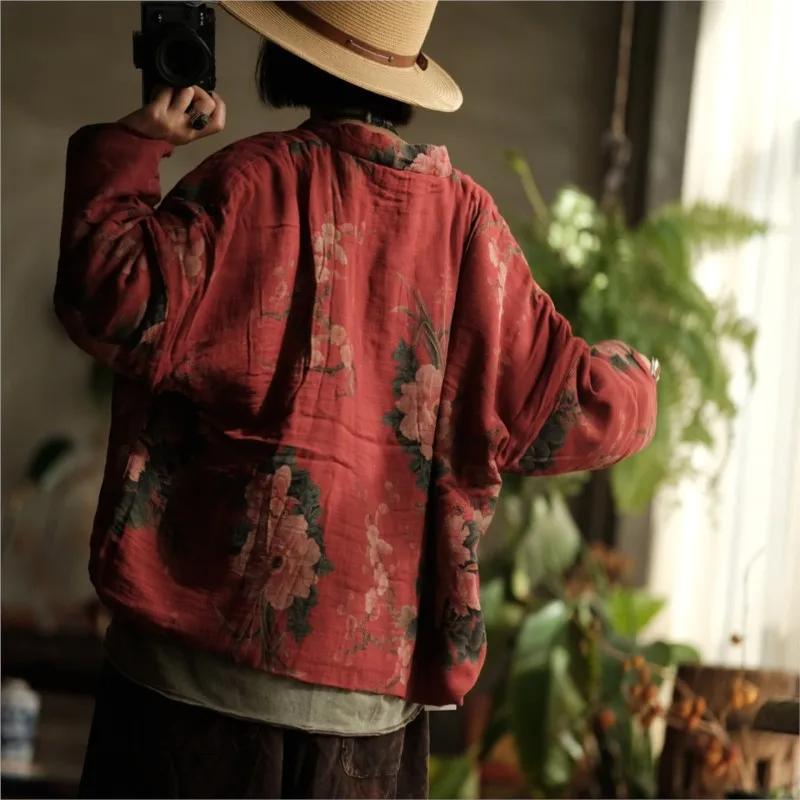 Johnature Women Chinese Print Floral Stand Pockets Button Winter Long Sleeve Warm Coats