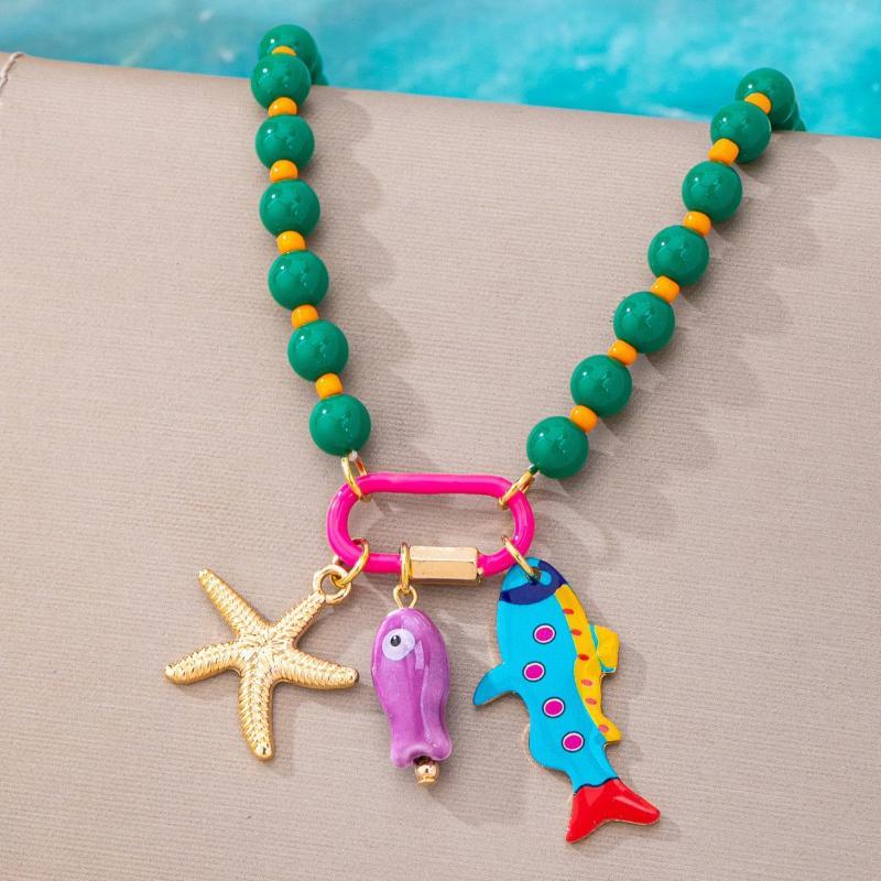 Bohemian Layered Summer Beach Necklace Acrylic Colorful Beads Fish Starfish Charms for Daily Dating Wear