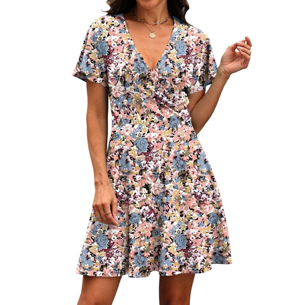 Fashionable Women's Casual Floral Wrap Dress With V-Neck And Waist