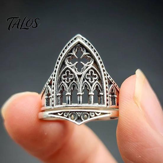 Gothic Castle Ring Retro Hollow for Men Women, Church Statement Punk Style Alloy Ring, Non Tarnish Carving Open Hypoallergenic Finger Jewelry
