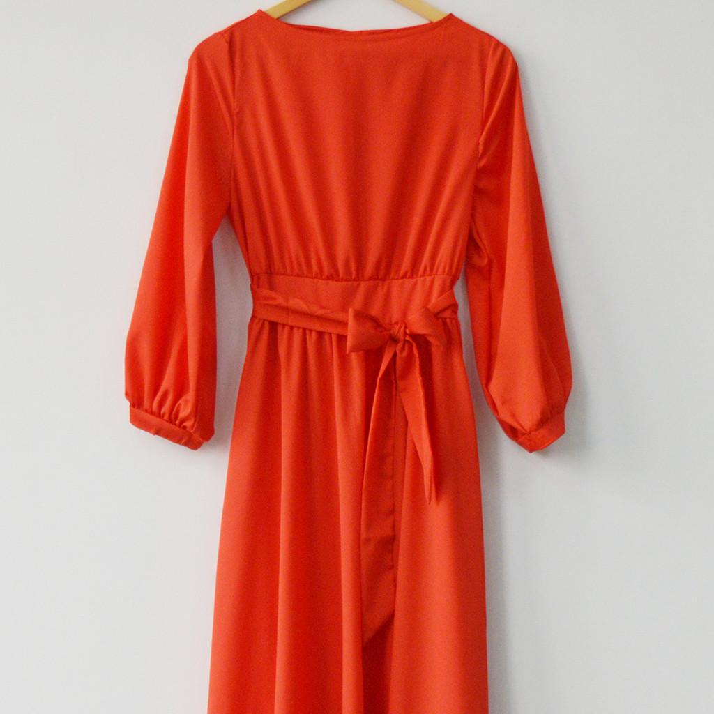 Women Summer Casual Party Dress Sleeve Solid Long Dresses With Belt