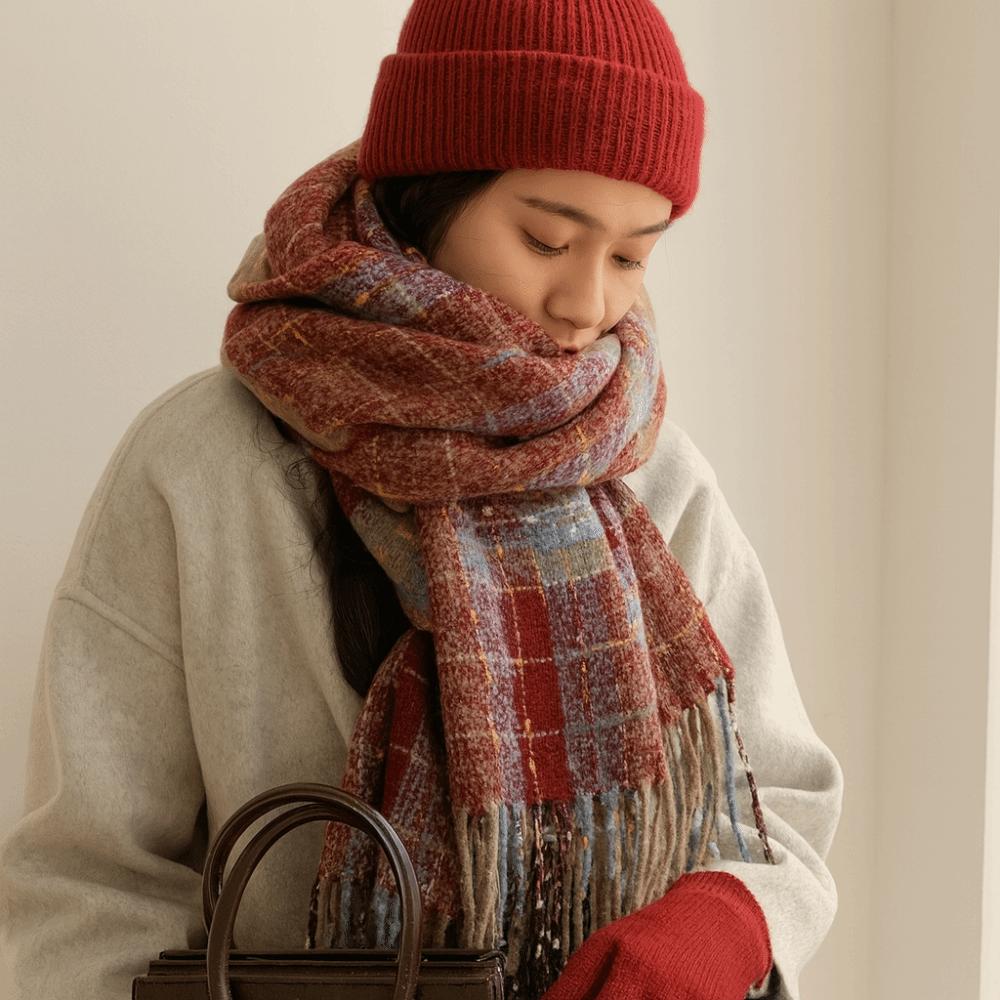 Sweet Plaid Wool Scarf New Year Red Long Shawl Thicken Winter Knitted Scarves  Women/Men