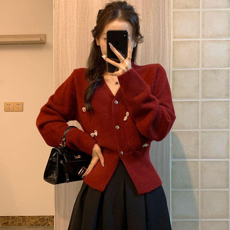 Women's Soft Pearl Knit V-Neck Cardigan: New Year Red with Waist-Cinching Bow