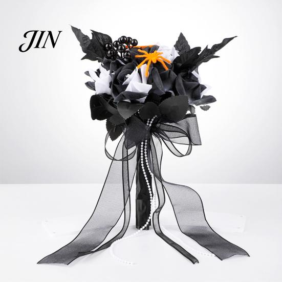 Faux Flower Bouquet Gothic Style Wedding Bouquets for Bride And Bridesmaid, Artificial Halloween Bouquet, Cobweb Arrangement Black Rose Blooms