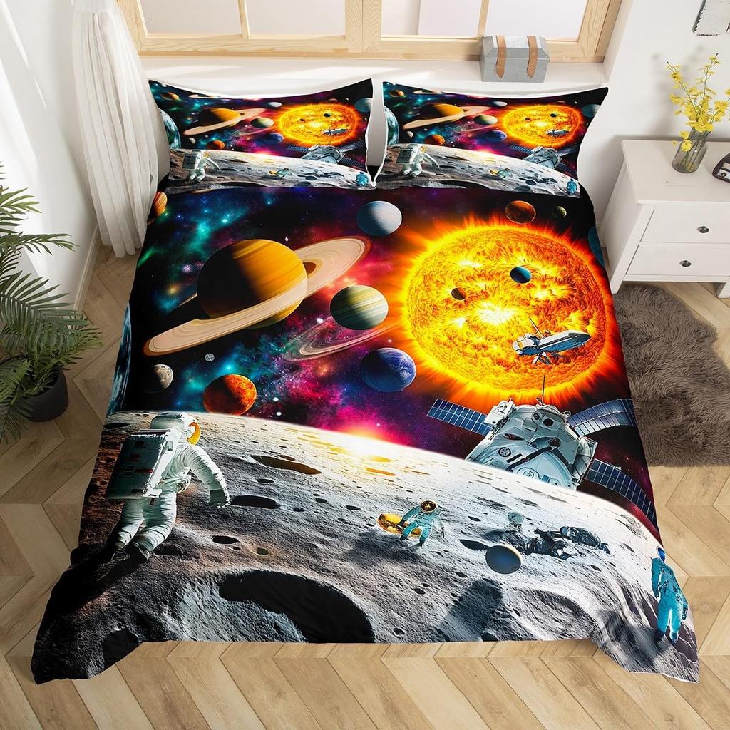 Cartoon Astronaut Duvet Cover Twin King Galaxy Bedding Set Outer Space Planet Star Quilt Cover for Kids Boys Girls Bedroom Decor