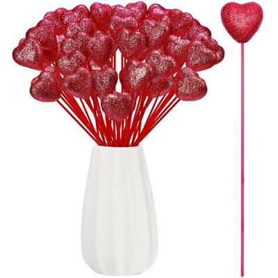 50 Pcs Glitter Foam Hearts Picks Valentine's Day Sparkly Foam Hearts Stems Wooden Glitter Heart Puffy Heart Picks for Valentine Flower Arrangements