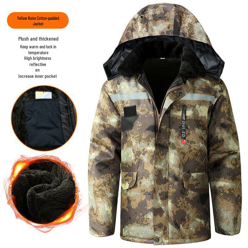 Men's Mid-Length Fleece-Lined Camouflage Overcoat - Windproof, Cold-Resistant, Waterproof, Cotton-Padded for Winter and Labor Protection.