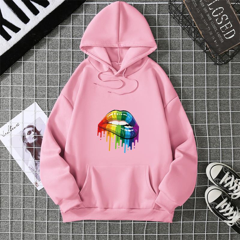 Fashion Women's Colorful Lips Print Hoodie Women's Outdoor Street Hooded Pocket Hoodie Women's Sweatshirt Women's Clothes