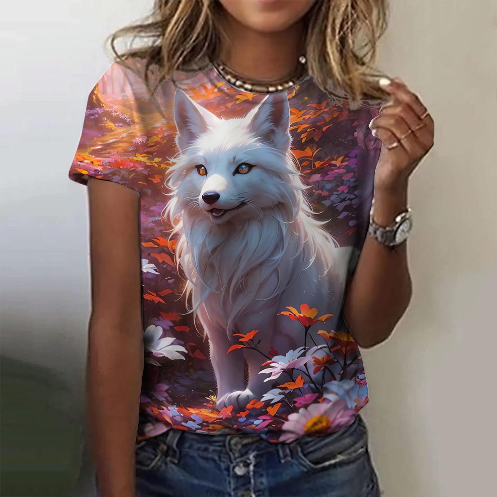 New T-shirt Women Cute Fox Print O Neck Loose Short Sleeve Fashion Animal Graphic Summer Loose T-shirt