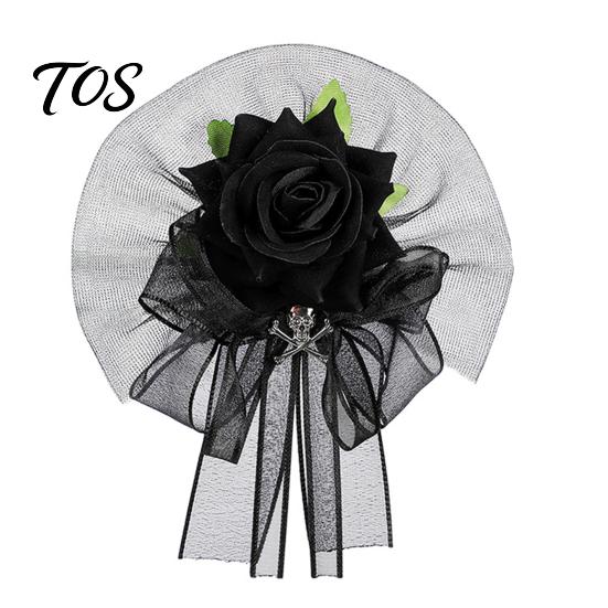 Formal Suit Dress Floral Decor Black Burgundy Rose Tulle Mesh Corsage for Bridal Groom, Gothic Retro Style Wedding Guest Boutonniere Artificial Flower