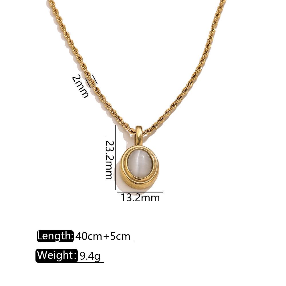 Cross-border Vintage Cat s Eye Oval Pendant Necklace Niche Versatile Simple Design Stainless Steel Sweater Collarbone Chain