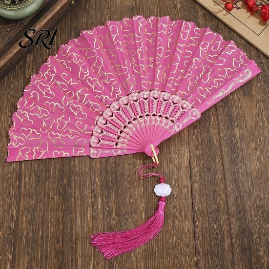 Tragbarer Faltfächer Liebesherz-Druck mit Quaste Chinesischer Stil Hohlrippen Hand Damen Tanzaufführung Requisiten Partygeschenke Reise Handheld