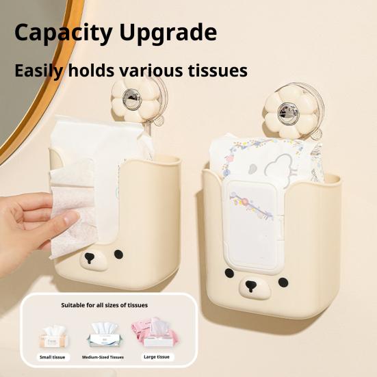Storage Box with Vacuum Suction Cup Wet Tissue Holder Hygienic Wipe Holder Cute Bear Shape Kitchen Bathroom Organizer