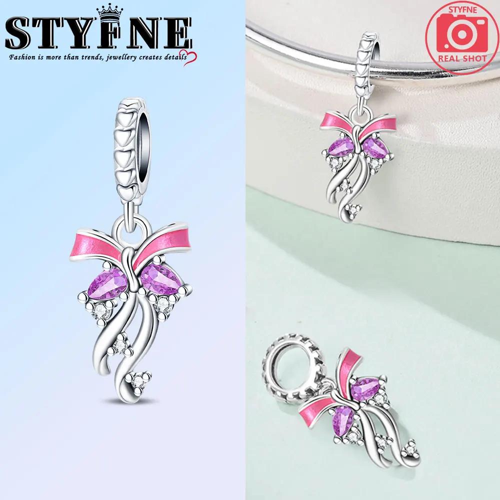 Copper Bow Charms Copper Pink Heart-Shaped Bow Pendants Charms Beads Fit Original Bangle Bracelets Diy Jewelry