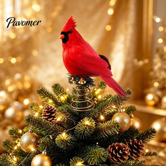 Bird Ornament for Holiday Tree 12 Inch Red Christmas Topper, Artificial Feathered Winter Forest Party Decor with Metal Spring Base, Wedding