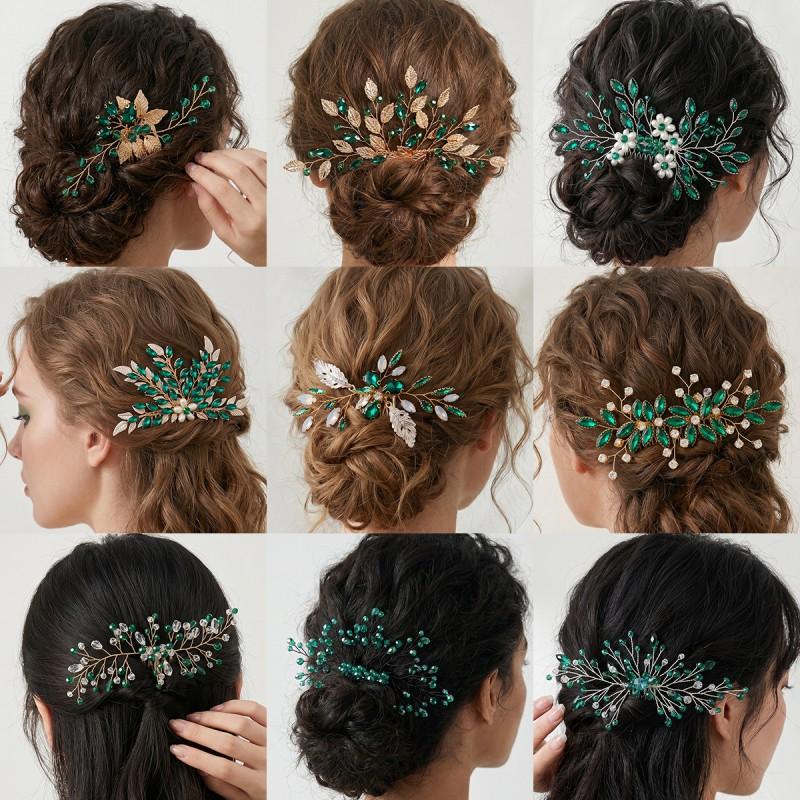 Elegant Green Crystal Leaf Hair Comb Wedding Birthday Party Office Wear Handmade Luxury Accessory