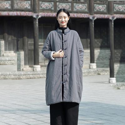 Zachte Winter Vintage Opstaande Kraag Chinese Stijl Pan Gesp Lange Dikke Jas Katoen Los Katoen Gewatteerde Jas