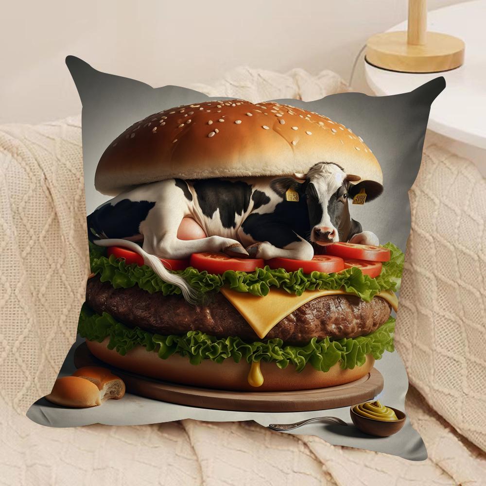 Fun Animal Burgers MEME Cushion Cover Silky Short Plush Invisible Zipper Dustproof Sofa Pillow Case For Home Decor